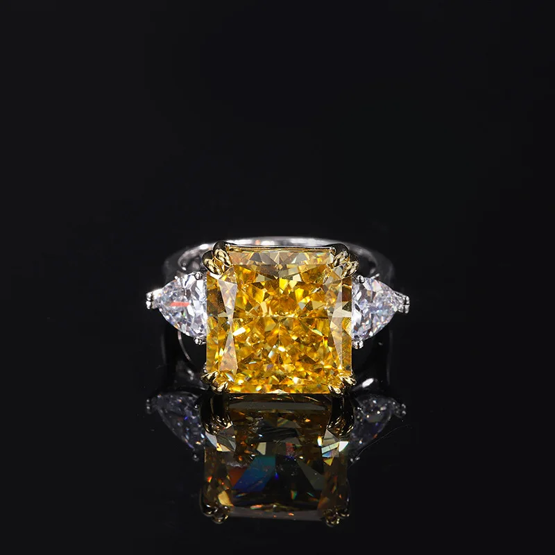 13*13MM Square Green Yellow High Carbon Diamond S925 Ring Woman 100% Sterling Si - £62.25 GBP