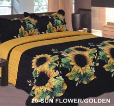 Sunflower Golden &amp; Black Kelly Plush Bedspread Quilted Set 3 Pcs King Size - £46.70 GBP
