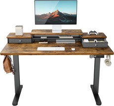 Ergear Electric Standing Desk With Double Drawers, 55X28 Inches, Vintage Brown - £221.25 GBP