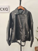 UCXQ Orange Zipper Loose Pu Leather Jacket Street ClothesLapel Long Sleeve Women - £57.97 GBP