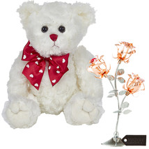 Bearington Teddy Bear w/ Rose Gold &amp; Chrome Plated Rose Flower Tabletop Ornament - £40.43 GBP