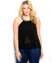 HAE Ladies Sheer-Halter Top Embellished-Neck Tulip-Cut Solid Black Size 3XL - £19.97 GBP