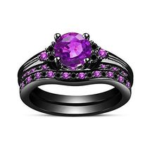 14K Black Gold Finish Amethyst &amp; Sim Diamond Bridal Wedding Ring Set - £59.15 GBP