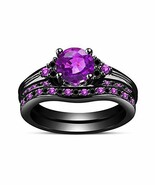 14K Black Gold Finish Amethyst &amp; Sim Diamond Bridal Wedding Ring Set - $102.50 CAD
