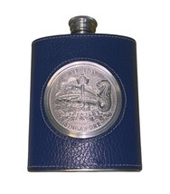Vintage Merlion Singapore Flask Dragon Pewter Leather Wrap w/ Box 5"x4" image 7