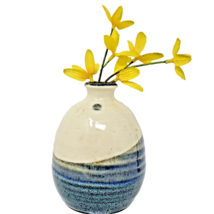 Studio Pottery Bud Vase Artist Signed Art Glazed Blue Steel Cream 4.5&quot; Weed Pot - £15.71 GBP