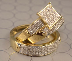 His Her 3 Ct Diamond Matching Wedding Engagement Trio Ring Set Yellow Gold Over - £112.90 GBP