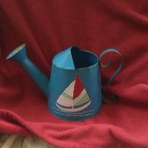Blue Metal Watering Can w/ hand painted Sailboat, Farmhouse Shabby - £7.00 GBP