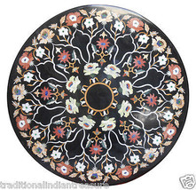 36&quot; Black Round Marble Center Sofa Coffee Table, Semi Precious Inlay Arts Decors - £1,738.76 GBP