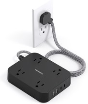 Black Flat Plug Extension Cord, 5Ft Power Strip With 4 Usb Ports(2, Etl Listed - £23.67 GBP