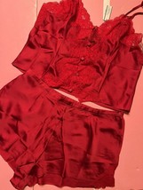 Victoria&#39;s Secret M PJ SET cami top+SHORTS RED lace buttons VALENTINE - $79.19