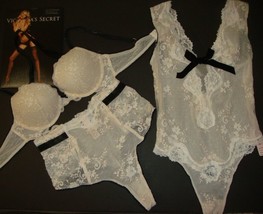 Victoria&#39;s Secret 34A Bra Set+Xs Teddy one-piece Ivory White Black Lace Velvet - £134.35 GBP