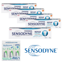 Sensodyne Novamin Toothpaste Repair &amp; Protect 100g x 5 Units + Free 3 Toothbrush - £44.52 GBP