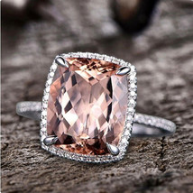 2.40Ct Cushion Cut CZ Morganite Halo Engagement Ring 14K White Gold Plated - £90.19 GBP