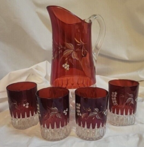 Vintage Cranberry Glass Pitcher &amp; 4 Tumblers With Applied Enamel Flowers - £55.87 GBP