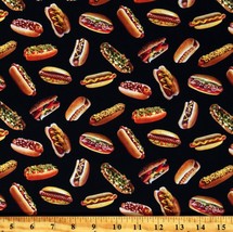 Cotton Hotdogs Picnic Cookout Favorite Foods Black Fabric Print by Yard D571.98 - £10.40 GBP