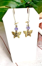Women&#39;s Golden Butterflies &amp; Purple Glass Beads Dangle Earrings Beaded J... - $3.46