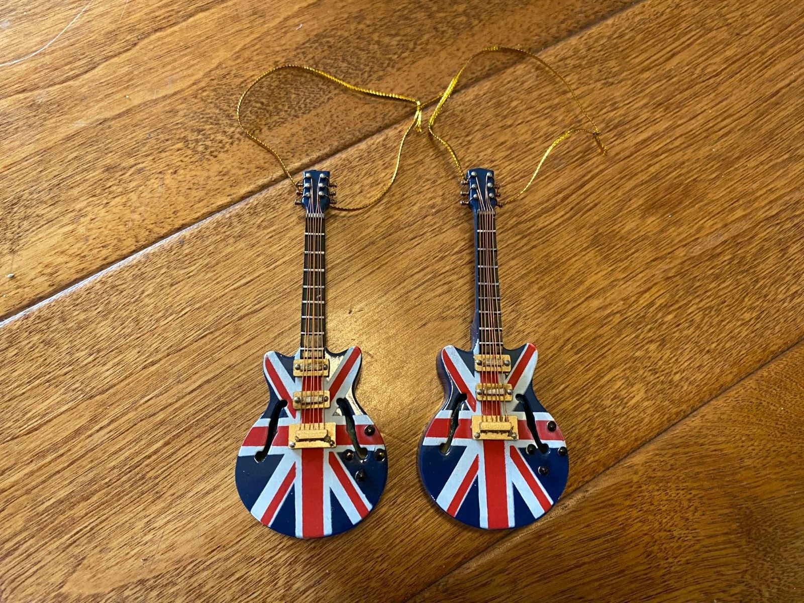 String Instrument British Flag UK  Wooden Guitar 6  Ornament 4 inches set of 2