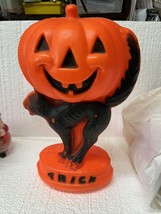 Vintage Blow Mold Black Cat Pumpkin Lighted Halloween No Power Cord - £39.88 GBP