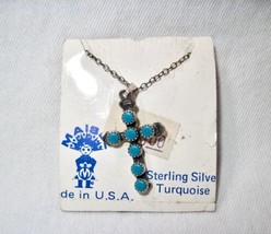 Vintage Navajo Maisels Sterling Silver Signed Turquoise Cross Necklace K924 - £43.47 GBP