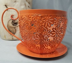 Metal Floral Cup Saucer Candle Holder Candy Dish Flowers Orange 4.5&quot; Tall - $9.61