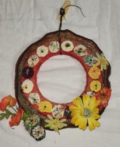 Vintage 11 Inch Hand Made Door Wreath Decor Funky Fabric Fake Flowers Silk - £10.38 GBP
