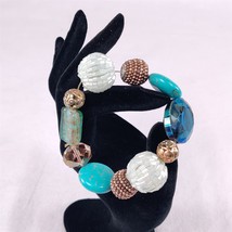 ✅ Stone Glass Bead Bracelet Gold Tone Blue Green Bead Bangle Womens Elastic - £5.73 GBP