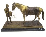 Bronze Jockey Feeding Horse Statue on Marble Delaware Park Equestrian Fi... - $148.45