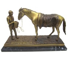 Bronze Jockey Feeding Horse Statue on Marble Delaware Park Equestrian Figurine - £115.94 GBP