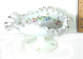White Milk Glass Ruffled Edges Dish Compote With Pink Rose Flowers By Fe... - £21.65 GBP