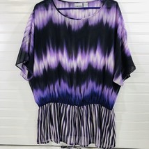 CHICO&#39;S Tie Dye Purple 100% Silk Blouse Peplum Relaxed Fit 3/4 Sleeve Sz 2 L - £13.34 GBP