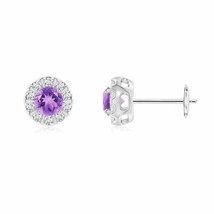 Authenticity Guarantee 
Natural Amethyst Round Earrings with Diamond Halo in ... - £533.18 GBP