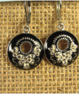 Earrings 1.5&quot; Pierced Sterling Silver Marked 925 Black Enamel Lever Backs - £13.92 GBP