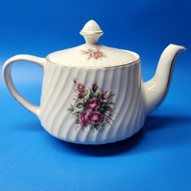 Crown Dorset Staffordshire Teapot Ribbed Swirl Pink Roses Floral Gold Trim - £37.86 GBP