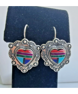 SOUTHWESTERN 925 STERLING SILVER GEMSTONE INLAY HEART EARRINGS - $1,256.42 MXN