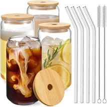 Drinking Glasses With Bamboo Lids And Glass Straw 4 Pc. Set - 16 Oz Can Shaped - £25.27 GBP