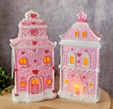 Valentines Day Pink Glitter Resin Gingerbread House Lightup 7&quot; Tall Set of 2 NEW - £30.94 GBP