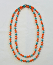 Vintage 1960s plastic beads necklace coral orange and turquoise blue 51&quot; long - £3.92 GBP