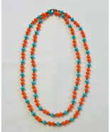 Vintage 1960s plastic beads necklace coral orange and turquoise blue 51&quot;... - $95.03 MXN