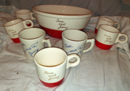 1940s Tom &amp; Jerry Ivory Punch Bowl Set Universal Pottery Cambridge OH 7 Cups - £104.62 GBP