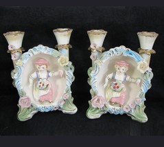 VTG Flower Girl Dual Candle Holder Pair Ucagco Porcelain Figurine Set JA... - £27.20 GBP