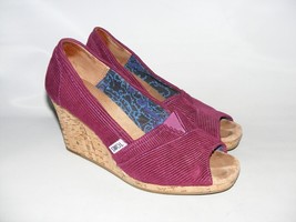 TOMS Women Size 7.5 M Purple Corduroy Cork 3&quot; Wedge Open Toe Shoes - £15.70 GBP