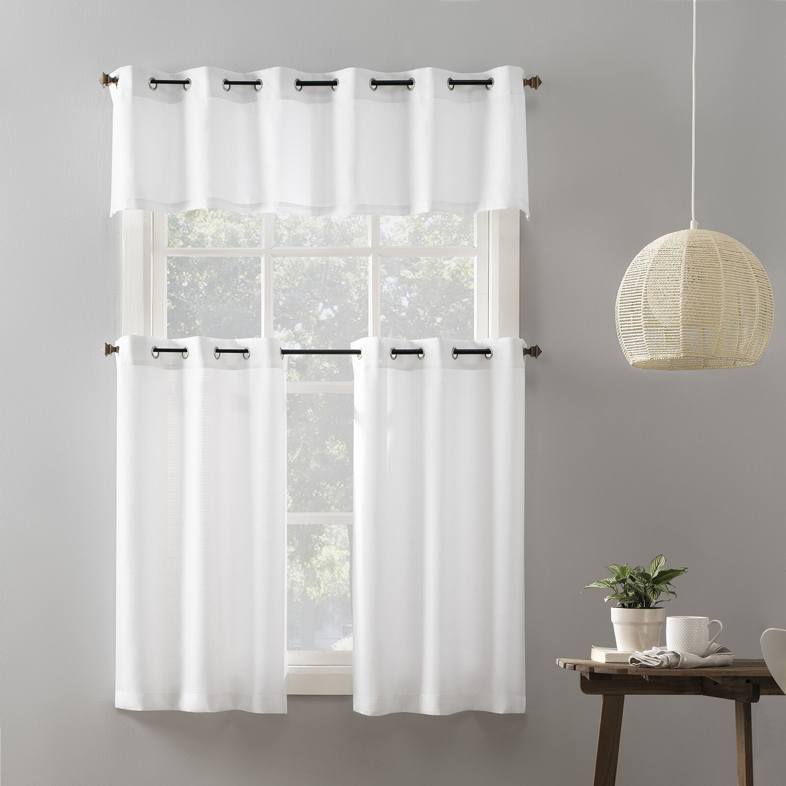 Mainstays Elevated Solid 3 Piece Gromment Kitchen Curtain Set White - £13.21 GBP