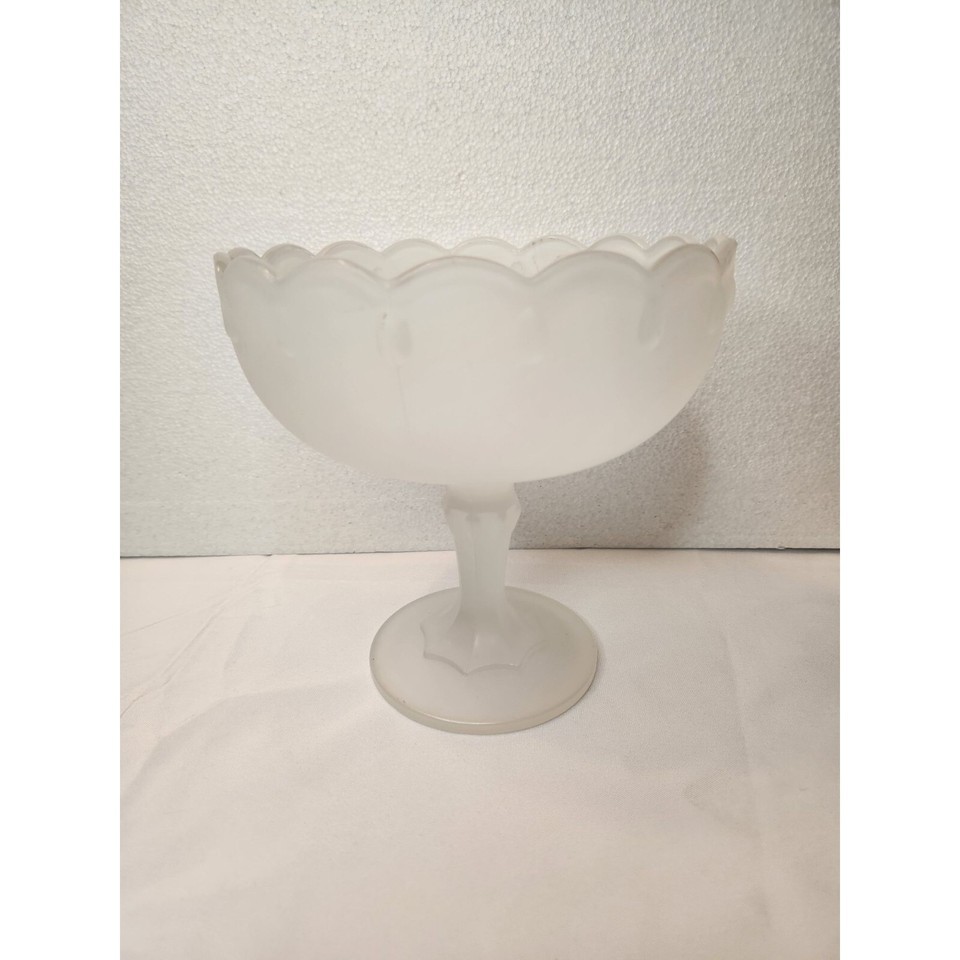 Vintage Tear Drop Frosted White Satin Glass Compote Bowl 7.5&quot; H x 7 3/8&quot; W - $16.83