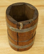 Vintage Kitchen Tool Primitive Wood Butter Mold Case Barrel Hex Shape 5&quot; - £42.80 GBP
