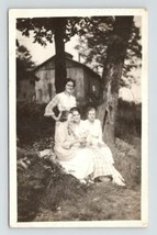 Family Photo Sisters Posing Outside of Barn Black &amp; White Postcard - £19.88 GBP