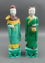 Pair Of Old Chinese Sancai Glazed Porcelain Attendant Statue Figures On Plinths - £366.47 GBP