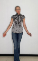 Vintage Pussy Bow Silver Grey Blouse Short Sleeves Silk Shirt - £252.60 GBP