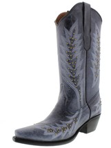 Womens Denim Blue Western Cowboy Boots Gold Studded Embroidered Snip Size 5.5 - £64.48 GBP