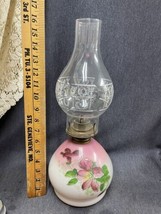 Antique Kerosene Oil Lamp Milk Glass Font W/ Hand Painted Pink Flowers 16” Tall - £30.86 GBP